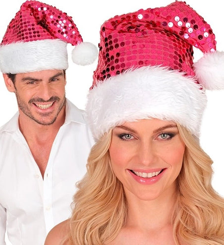 Widmann SRL Kerstman muts pluche en pailletten roze Joep
