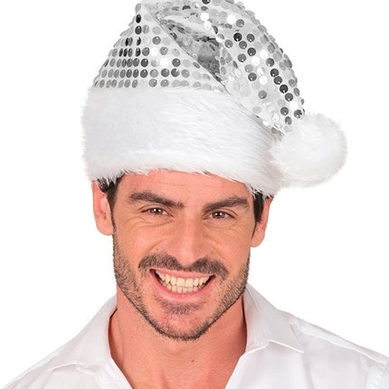 Widmann SRL Kerstman muts pluche en pailletten zilver Milan