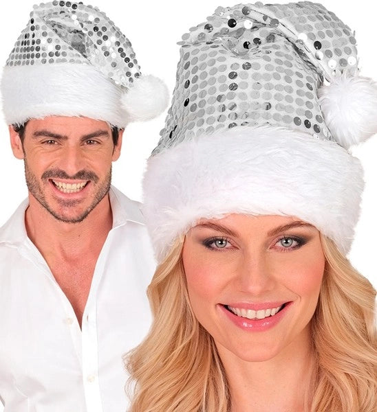 Widmann SRL Kerstman muts pluche en pailletten zilver Milan