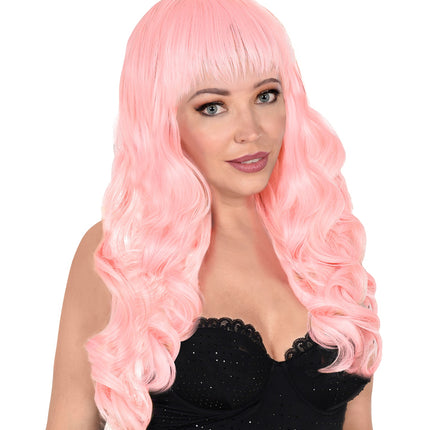 Widmann SRL Licht roze pruik met pony en lang krullend haar