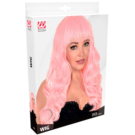 Widmann SRL Licht roze pruik met pony en lang krullend haar
