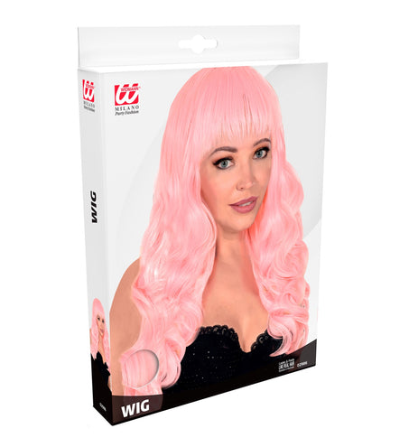 Widmann SRL Licht roze pruik met pony en lang krullend haar