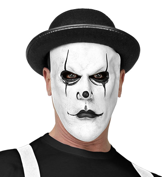 Masker griezel clown met bolhoed, wit gezicht met zwarte oogstrepen en snor, voor Halloween