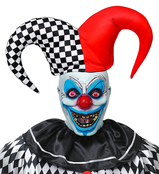 Masker horror nar Kevin met muts, bleek clownsgezicht met blauwe accenten en rood-zwart geblokte narrenmuts