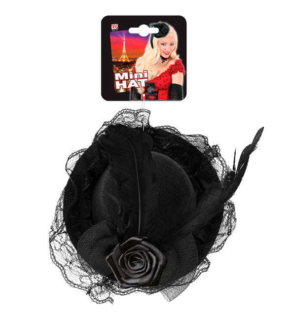Widmann SRL Mini zwarte hoed met roos en veer op haarband