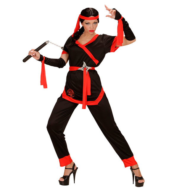 Widmann SRL Ninja pak dames zwart met broek, jas, riem, armwarmers en hoofdband