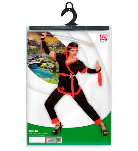 Widmann SRL Ninja pak dames zwart met broek, jas, riem, armwarmers en hoofdband