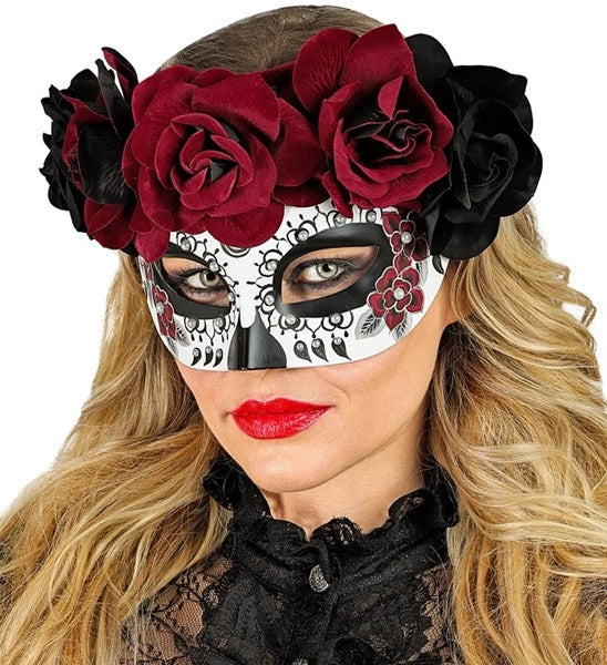 Widmann SRL Oogmasker dag van de doden met zwarte en rode rozen Lynn
