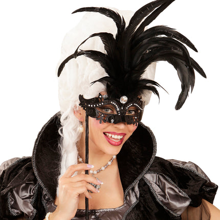 Widmann SRL Oogmasker met veren op stokje