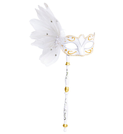 Widmann SRL Oogmasker op stokje wit met veren