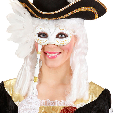 Widmann SRL Oogmasker op stokje wit met veren