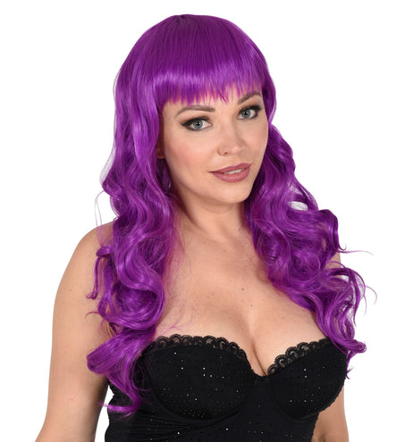 Widmann SRL Paarse pruik met pony en lang krullend haar