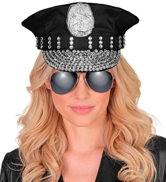 Politiepet met strass Tess, zwart met zilveren badge en strassklep, recht gedragen voor carnaval