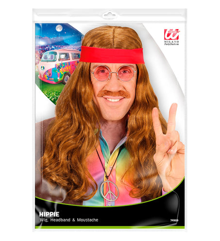 Widmann SRL Pruik, Hippie Met Hoofdband En Snor