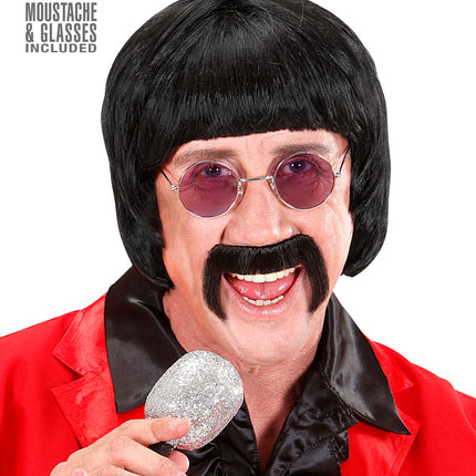 Widmann SRL pruik popster 60s zwart met snor en bril