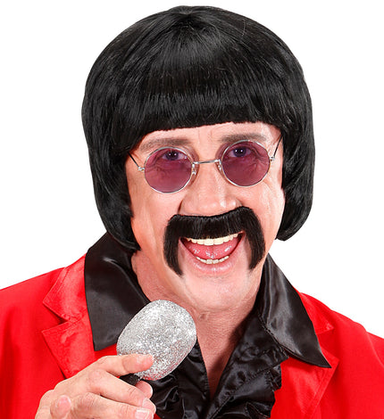 Widmann SRL pruik popster 60s zwart met snor en bril