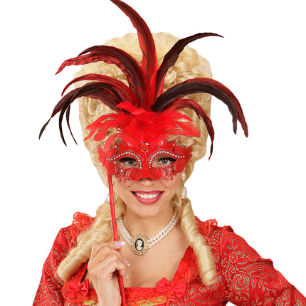 Widmann SRL Rode oogmasker met veren op stokje