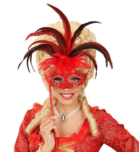 Widmann SRL Rode oogmasker met veren op stokje