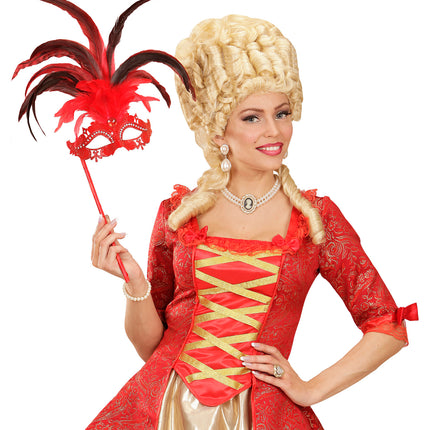 Widmann SRL Rode oogmasker met veren op stokje