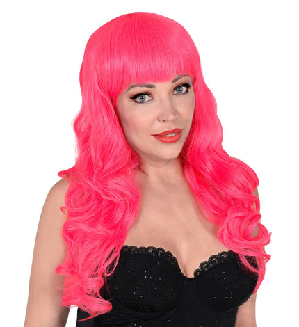 Widmann SRL Roze pruik met pony en lang krullend haar