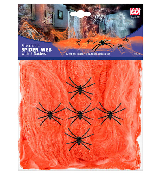 Widmann SRL Spinnenweb oranje 100 gram met 5 spinnen