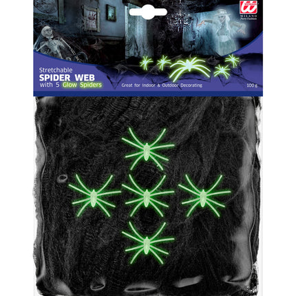 Widmann SRL Spinnenweb zwart 100 gram 5 spinnen