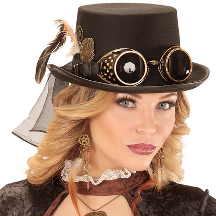 Widmann SRL Steampunk hoge hoed zwart met stofbril