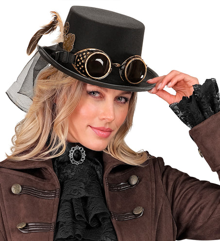 Widmann SRL Steampunk hoge hoed zwart met stofbril