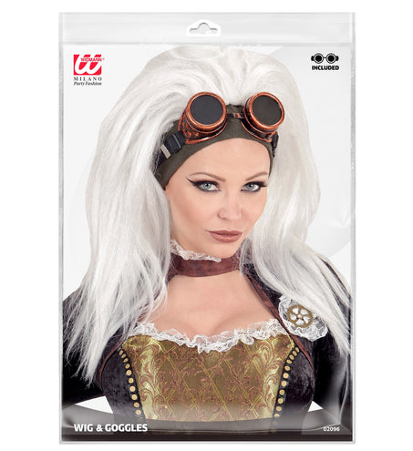 Widmann SRL Steampunk pruik wit met stofbril