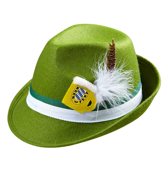 Tiroler hoed groen met veer, groen vilt met witte band, geel bierpulembleem en witte pluim