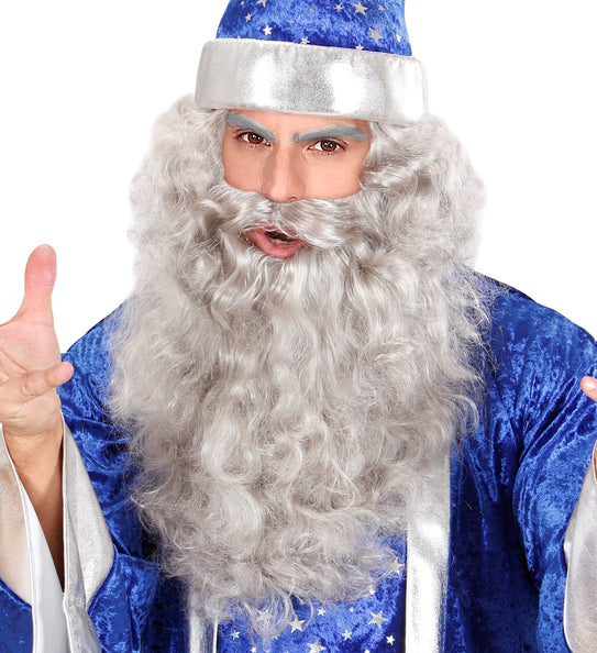 Grijze tovenaarsbaard met losse snor, vol en gekruld, gedragen bij een blauwe tovenaarshoed