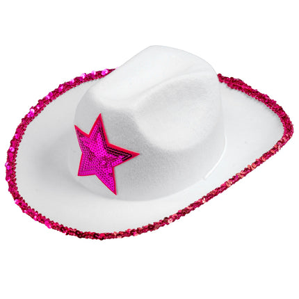 Widmann SRL Witte cowboyhoed met roze paillettten ster
