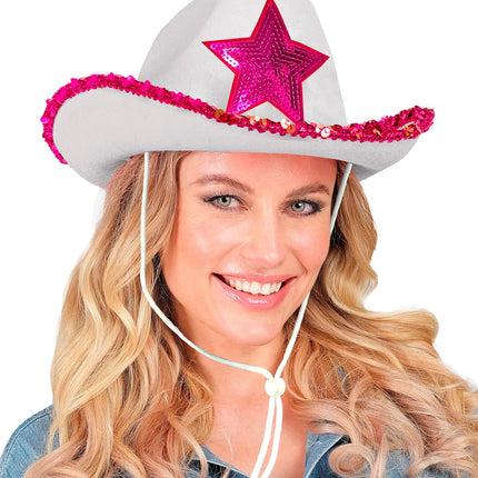Widmann SRL Witte cowboyhoed met roze paillettten ster