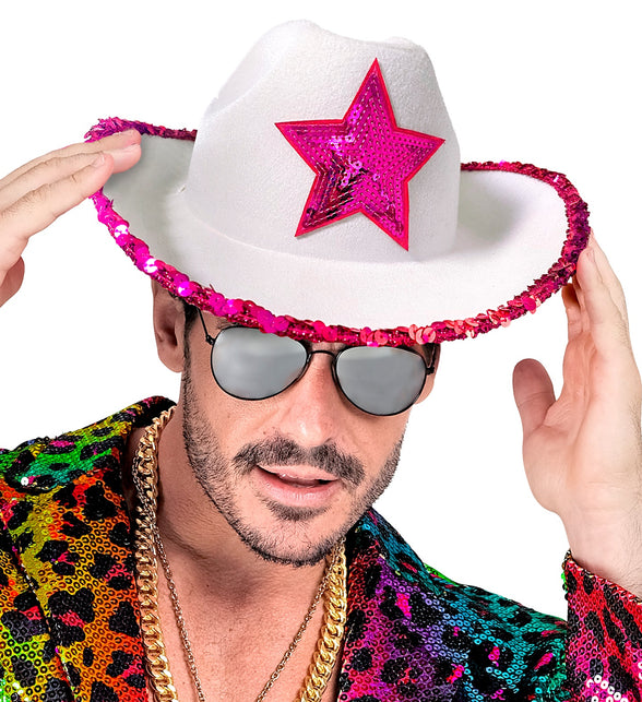 Widmann SRL Witte cowboyhoed met roze paillettten ster