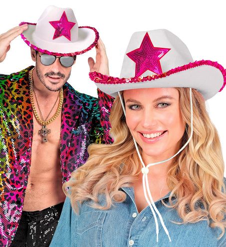 Widmann SRL Witte cowboyhoed met roze paillettten ster