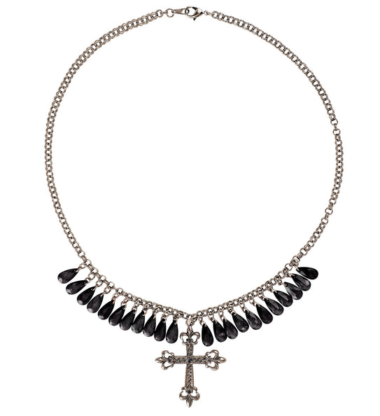 Zwarte gothic ketting met kruis, zilverkleurige schakelketting met zwarte druppelsteentjes en kruishanger