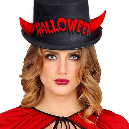 Widmann SRL Zwarte hoge hoed Halloween met duivel hoorntjes