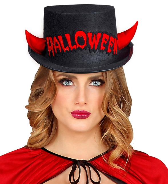 Widmann SRL Zwarte hoge hoed Halloween met duivel hoorntjes