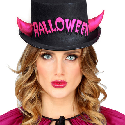 Widmann SRL Zwarte hoge hoed Halloween met roze duivel hoorntjes