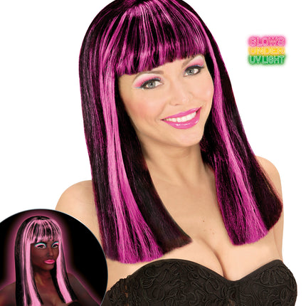 Widmann SRL Zwarte pruik met neon roze strepen