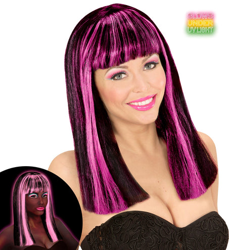 Widmann SRL Zwarte pruik met neon roze strepen