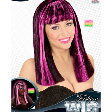 Widmann SRL Zwarte pruik met neon roze strepen