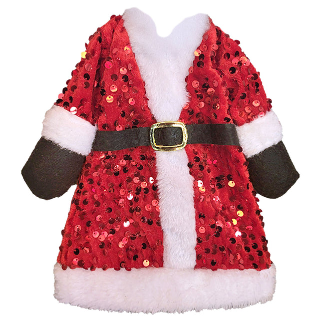 Wijnfles cover Kerstman in rood met pailletten, witte bontranden en zwarte riem met gouden gesp
