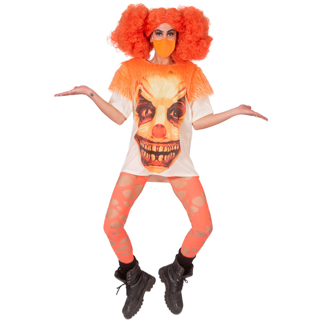 Wit clowns t-shirt met grijnzende tandenrij op de print, gedragen als lang shirt