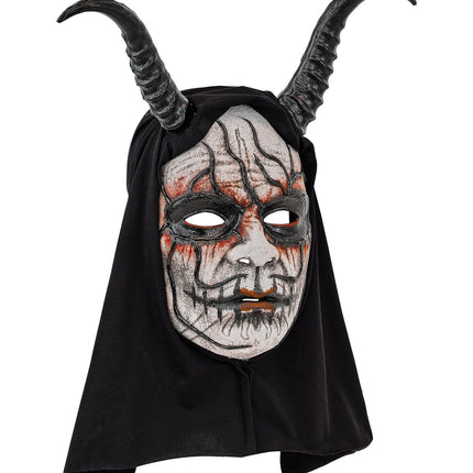 Wit duivelmasker met zwarte reliëflijnen en gebogen hoorns, kap met punt in de nek