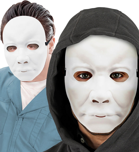 Wit gezichtsmasker gedragen onder zwarte capuchon, blanco mannengezicht