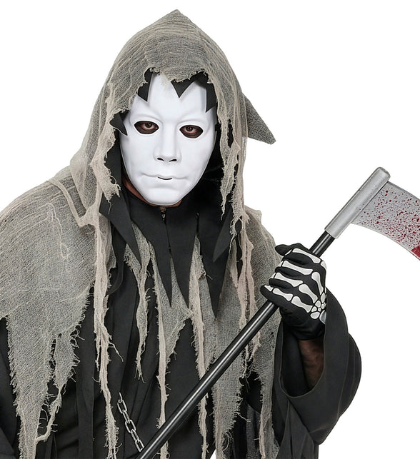 Wit gezichtsmasker heren bij grijs gehavend gewaad voor Halloween
