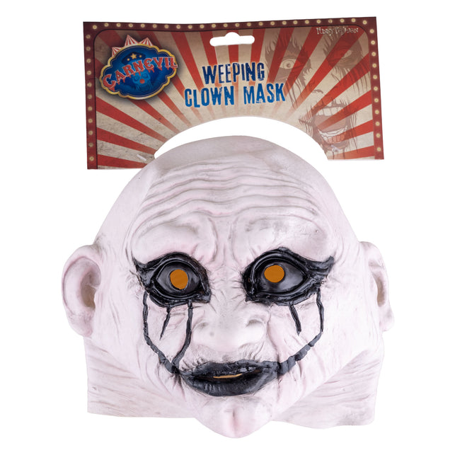 Wit latex zombiemasker in verpakking, kaal hoofd met rimpels en zwarte grijns