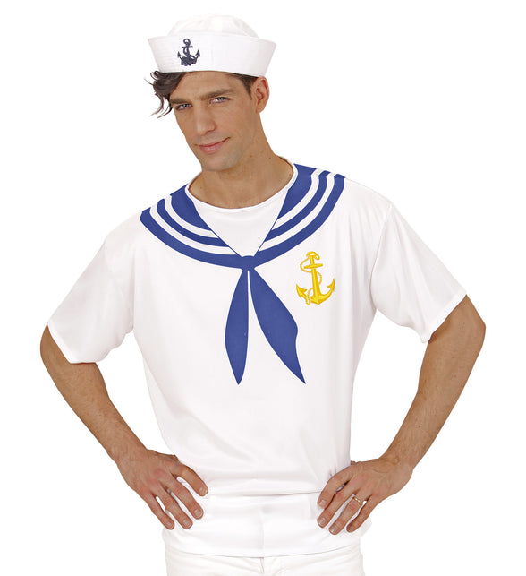 Wit zeemansshirt met korte mouwen en geknoopte blauwe kraagpunt voor een themafeest