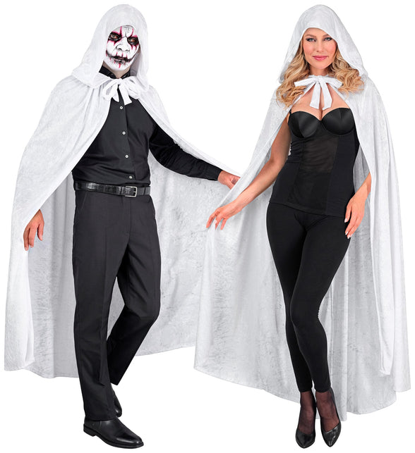 Witte cape met kap in fluweel, 140 cm lang, gedragen door dame en heer met Halloweenschmink